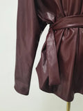 American Retro Burgundy Leather Jacket for Women Stand Collar Long Sleeves Slimming Design Coat Female Winter New