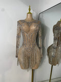 Sparkly Rhinestones Fringes Tight Bodysuit Women Sexy Mesh See Through Performance Stage Outfit Luxury Birthday Party Wear