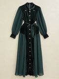 Elegant Patchwork Beading Formal Party Dresses for Women O Neck Long Sleeve Spliced Sheer Mesh Midi Dress Female Clothing