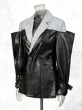 Pu Leather Patchwork Contrasting Design Slim Suit Blazers For Women Notched Collar Long Sleeve Coats Female Clothes Style