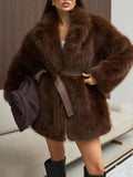 Luxury Faux Fur Shawl Lapel Midi Coat for Women Long Sleeve PU Leather Tie Waist Belt for Winter Daily Party Going Out Wear