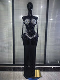 Women Sexy Off the Shoulder Mesh See Through Shining Rhinestone Bodycon Long Dress Gloves Celebrate Evening Party Cocktail Wear