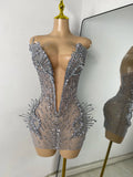 Sparkly Rhinestones Women Sexy Mesh See Through Short Sleeveless Party Nightclub Performance Costume Stage Wear