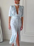 Deep V Neck Printed Ribbon Dress  Elegant Women Lace Patchwork Button Waist Cinching High Split Dress Lady Party Vestidos