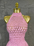 Pink Halter Neck 3D Scale Shell Sequin Mesh MiniDress Women Sheer Bodycon Short Dress For Club Night Out Cocktail Party