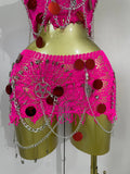 Sexy Evening Party Nightclub Performance Costume Women Birthday Mesh See-Through Pin Decoration Chain Short Dress Two-Piece Set