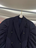 Retro Modern Tunic Design Coat for Women Lapel Puff Sleeve Splied Double Breasted Navyblue Midi Length Jackets Female Autumn