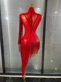 Black Red Women Sexy One Shoulder Shinning Crystal Sequins Tassels Bodycon Mid-calf Dress Nightclub Party Bar Dancer Costumes