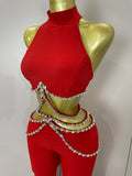 Luxury Rhinestone Red Sexy Cut Out Two Piece Pants Bandage Set 2026 Women Celebrity Designer Fashion Women's Set Stage Outfit