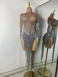 Women Sparkly Crystal Pearl Tassels Sexy Sheer See Through Bodycon Mini Silver Outfit Birthday Dress Dancer Performance Costume