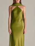 Elegant Satin Halter Floor length Dress for Women Draped Scarf Detail Sleeveless Fitted Column Mermaid Evening Party Gown