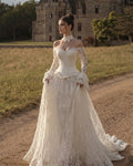 Off Shoulder Lace Wedding Dress Basque Waist Bridal Gown Vintage Bell Sleeve Ball Gowns Church Castle Marriage Clothes