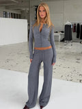 White Ribbed Knit Two Piece Set for Women Slim Button Accent Cardiagns Low Waist Loose Pant Suit for Casual Outings