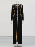 Black Velvet Holiday Celebrations Maxi Gown for Women O Neck Gold Trim Slim Jewel Accent High Slit Dresses for Luxury Dinner