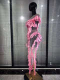Pink Golden Women Sexy Mesh See Through Bodycon Long Dress 3D Leaves Celebrate Birthday Photoshoot Performance Costumes Wear