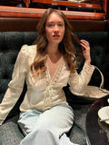 Sexy V-neck Lace Patchwork Solid Top Women Short Sleeve Single Breasted Lace Up Loose Tops Female Spring Chic Casual Streetwear