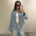 Cropped Denim Jacket Women Stand Collar Bell Sleeves Double Breasted Splicing Retro Fashion Biker-Style Coat Autumn 2026