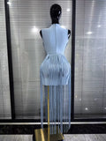 Pink Skyblue Women Sexy O-Neck Bodycon Bandage Long Tassels Gowns Dress Elegant Evening Party Birthday Homecoming Outfit