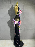 3D Floral Rhinestone Halter Maxi Bodysuit Dress Women Deep V Mesh See-Through Long Gown Carnival Rave Festival Performance Costume