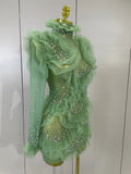 Sexy Mesh Ruffled Sparkly Rhinestones Long Sleeves See Through Mini Dress Women Eveing Party Birthday Dance Nightclub Stage Wear