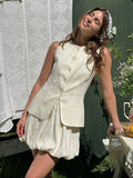 Female Vest Skirt Set Summer Commute Dating Elegant Vest Flower Bud Style Short Skirt Women Suit Solid Sleeveless New Set