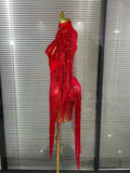 Black Red Women Sexy One Shoulder Shinning Crystal Sequins Tassels Bodycon Mid-calf Dress Nightclub Party Bar Dancer Costumes