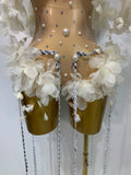 Sparkly Rhinestones Fringe Flower Bodycon Bodysuits DJ Nightclub Performance Stage Outfit Luxury Birthday Photo Shoot Clothing