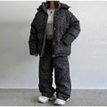 Women Winter Two‑Piece  Leopard Print Hooded Puffer Jacket Outfit Loose Cuffed Jogger Pants Warm Casual Streetwear Matching Set