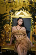 Sexy Shining Gold Crystal Transparent Wings Mini Dress 2025 Women Birthday Party Bar Nightclub Singer Stage Performance Costume