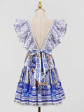 Fashionable Retro Printed Short Dresses for Women Deep Neck Ruffles Sleeve High Waist Patchwork Puff Dress Female Clothing