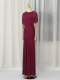 Luxury Galas Event Black Sheer Mesh Ruched Maxi Dress for Women O Neck Short Sleeves Bodycon Silhouette Skirt for Red Carpet