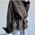 Retro Drew-string Jackets Women's Loose Full Sleeves Buttons Zipper Pockets Lapel Coats 2026 New Ladies Autumn Solid Outwear
