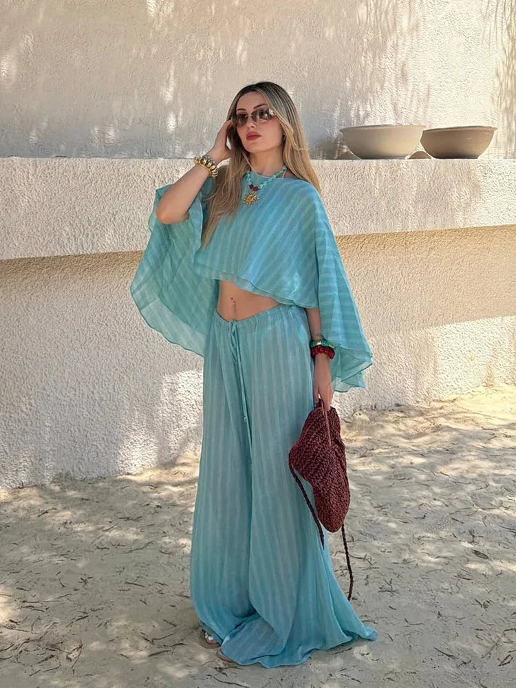 Light Turquoise Striped Batwing Crop Top Drawstring Loose Wide Pants Women Seaside Resort Casual 2 Piece Matching Party Set 2026