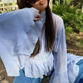 Solid Spliced Ruffles Slimming Blouses for Women O Neck Long Sleeve High Waist Shirts Female Fashion
