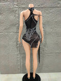 Women Luxury Black Mesh Spider Crystal Asymmetric Bodycon Mini Dress Sexy Sensual Evening Club Nightwears Showgirls Dress