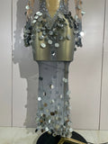 Luxury Silver Sparkly Diamonds Sequins Birthday Evening Party Nightclub Stage Wear Sexy Mesh See Through Long Sleeves Long Dress