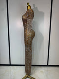 Luxury Sparkly Rhinestones Tassel Transparent Mesh Stretch Long Dress Women Evening Celebrate Birthday Dress Sexy Stage Costumes