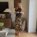 Bow Tie Neck Women Floral Print Set Long Puff Sleeve Cuff Trim Loose Blouse Vibrant Ethnic Midi Skirt Straight Hem Street Daily