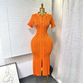 Women Single Breasted O-neck Short Sleeve Knit Ribbed Bodycon Midi Dress  Vacation Sexy Party Club Vestidos Dresses