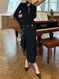 Fashion Spliced Metal Pin Two Piece Set for Women Stand Collar Long Sleeve Pullvers Mid Waist Bodycon Knee Skirt Suit Female