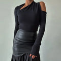 Solid Hollow Out Pullover Sweater For Women Diagonal Collar Long Sleeve Irregular Hem Slimming Sweater Female New