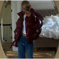 Stand Neck Glossy Surface Padded Cotton Short Coat Women Full Sleeve Thicken Pockets Jackets Coat Female Winter Chic Streetwear