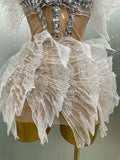 Sexy Shining Gold Crystal Transparent Wings Mini Dress 2025 Women Birthday Party Bar Nightclub Singer Stage Performance Costume