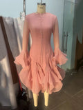 Women's Irregular Pleated Patchwork Fashion Long Flare Sleeve Waist Cinching Midi Dresses 2026 New Female Clothing