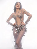 Women Sexy Sparkly Diamonds Sequins Long Sleeves Mesh See Through Long Dress Luxury Birthday Evening Party Nightclub Stage Wear