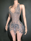 Sparkly Rhinestones Evening Prom Celebrate Birthday Dress Sexy Halter Backless Mesh Velvet Short Dress Performance Stage Wear
