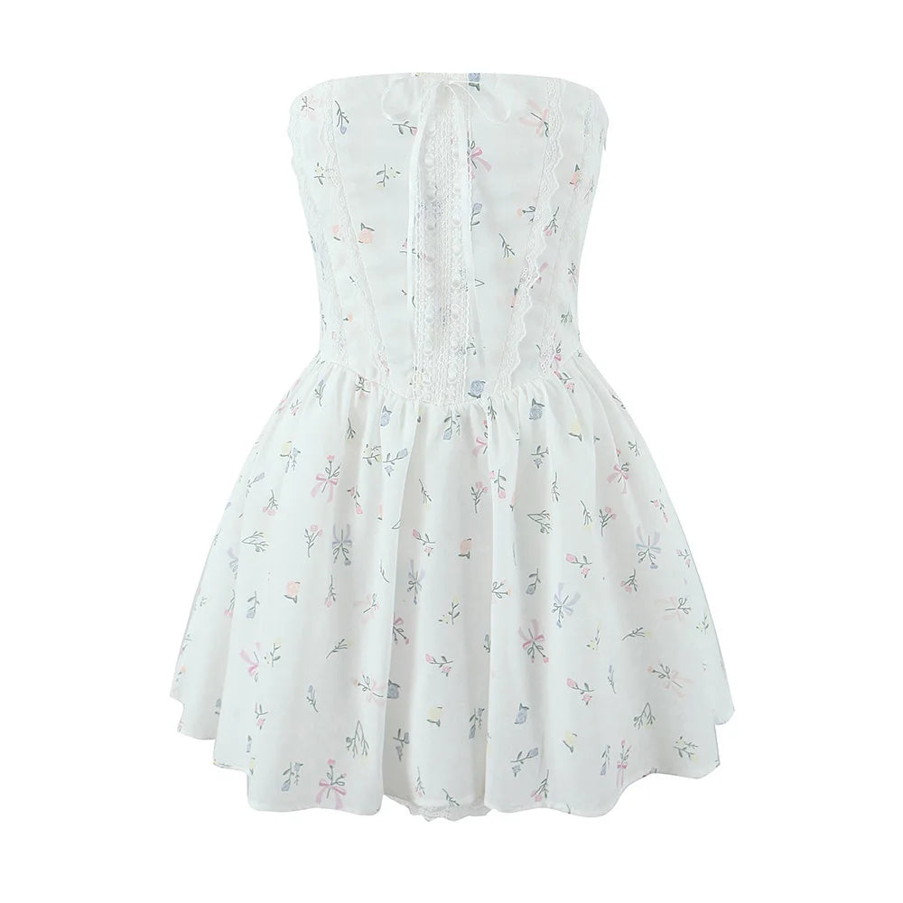 Colorblock Printing Designer Dresses For Women Strapless Sleeveless High Waist A Line Dress Female Fashion Style