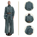 Denim Women's Set Ruched Long Sleeve Jacket and Pocket Front Loose Jeans Pants Two 2 Piece Sets Outfits Tracksuit