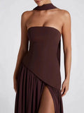 Irregular Slit Vacation Long Dress For Women Elegant Contrast Slim Ribbon Dress Back Lace Up Female Strapless Summer New