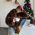 Winter 2026 Trendy Brown Obsession Cropped Shawl Collar Faux Fur Coat Women Jacket Chic Girls Brand Fox Fur Outerwear